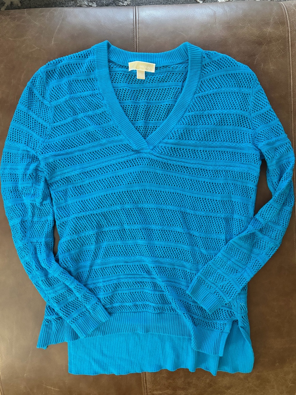 Michael Kors Turquoise Open Knit V-Neck Sweater Tunic Women's Size Small